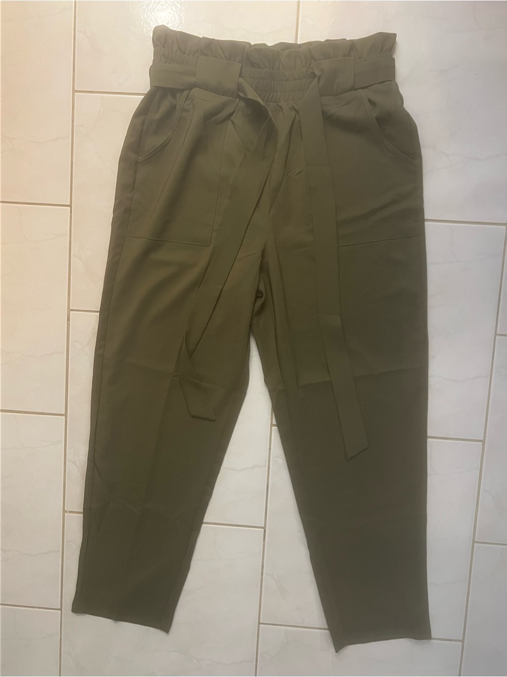 Freeprance Women's Olive Green High-Waist Paperbag Trousers